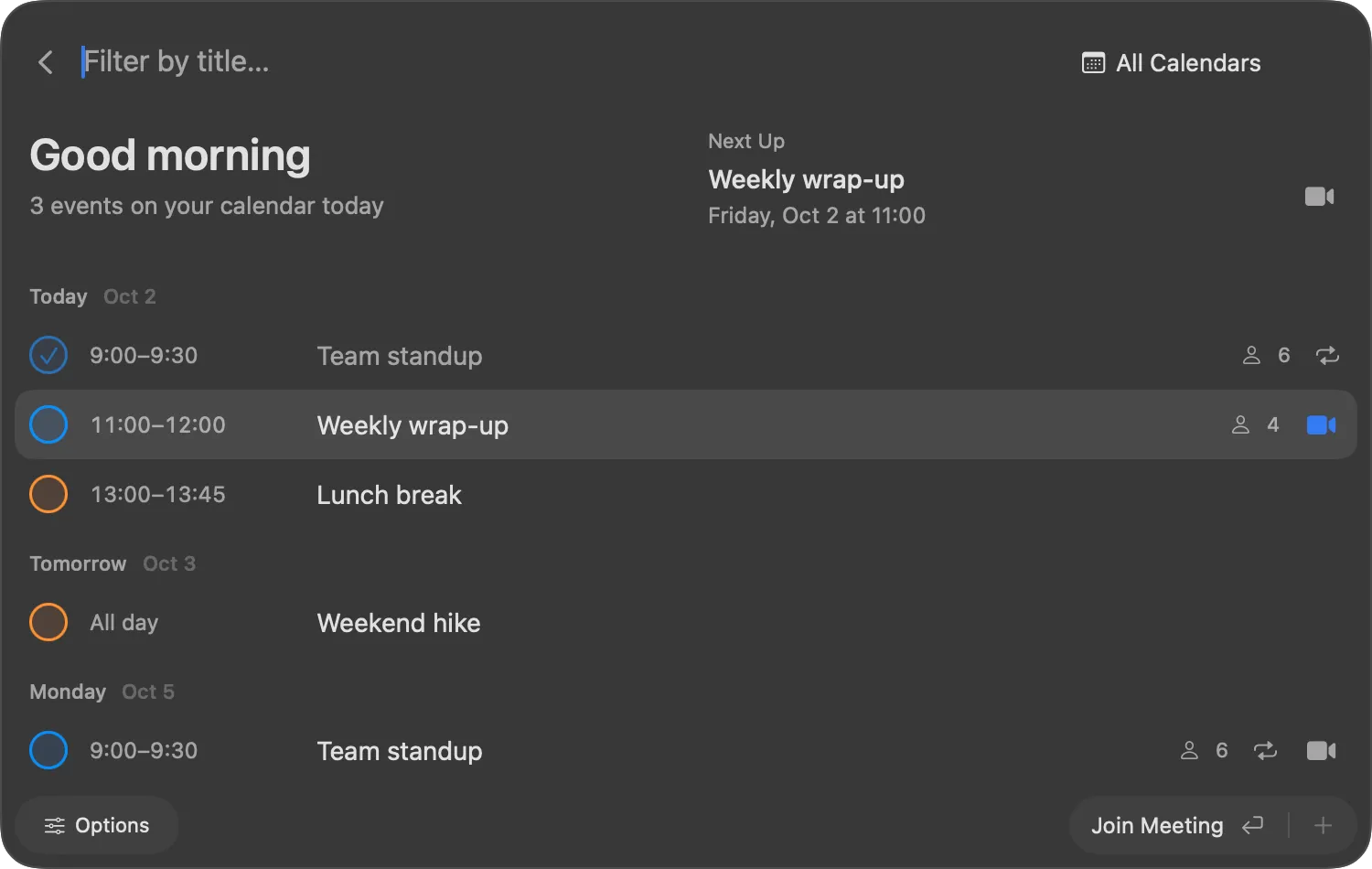 My Schedule with fictional work and personal events, a Next Up summary and keyboard selection