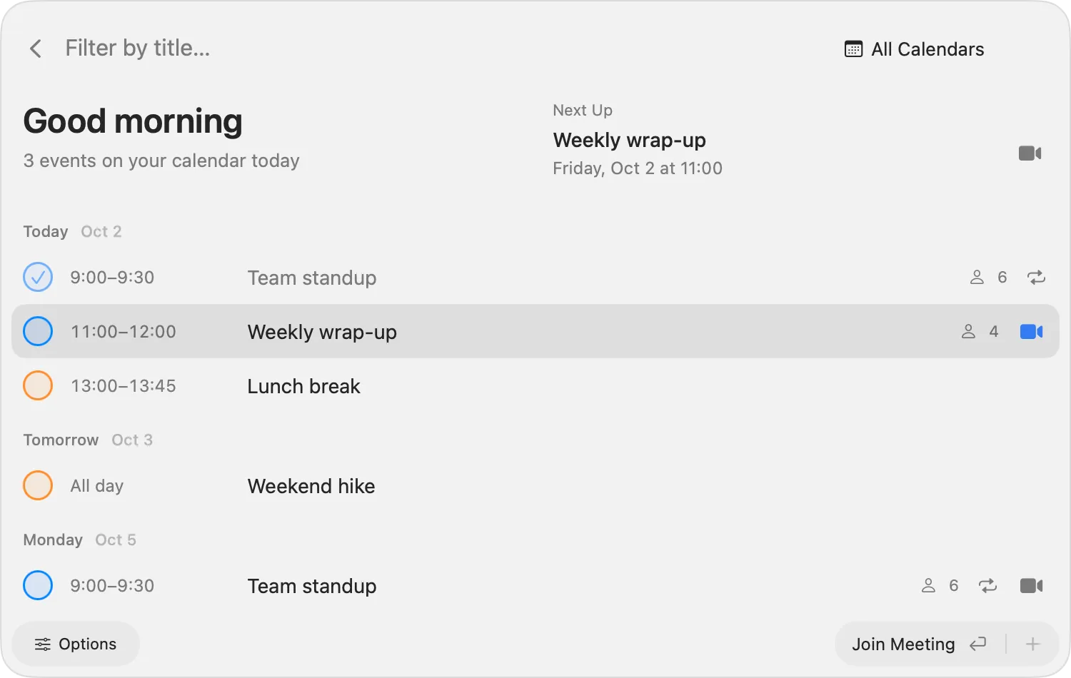 My Schedule with fictional work and personal events, a Next Up summary and keyboard selection