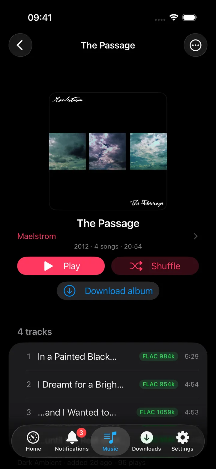 Album screen with track list and quality tags