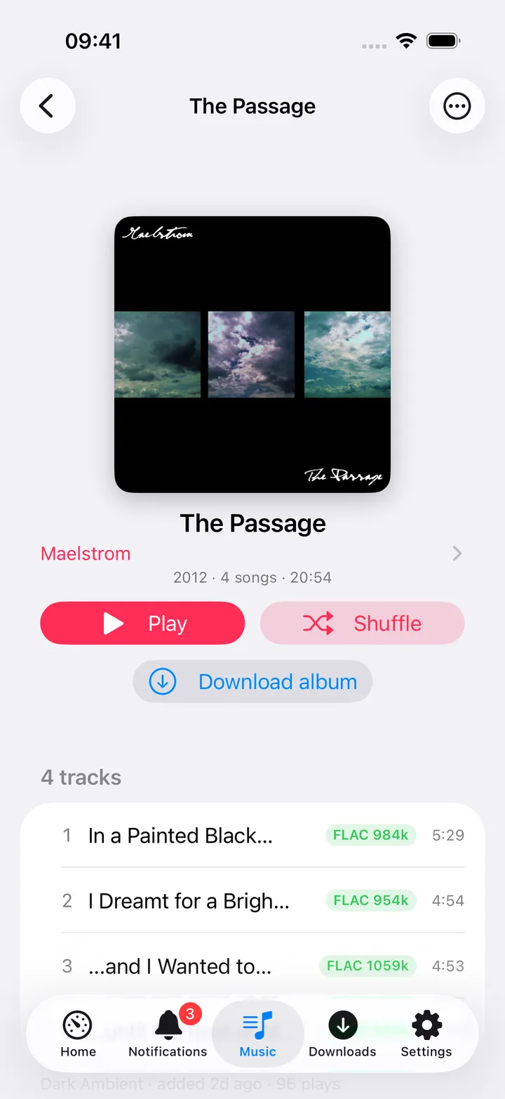 Album screen with track list and quality tags