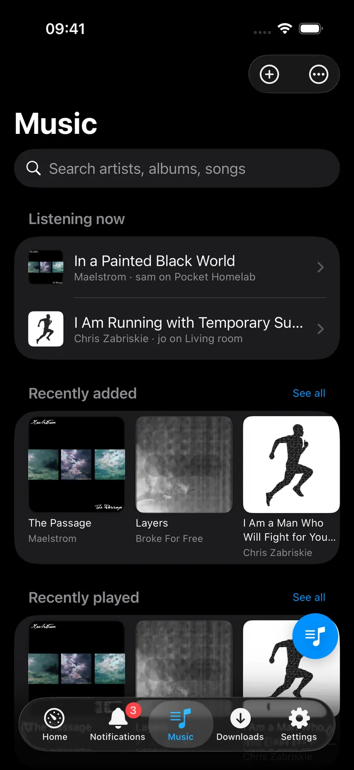 Music hub with recently added albums and library rows