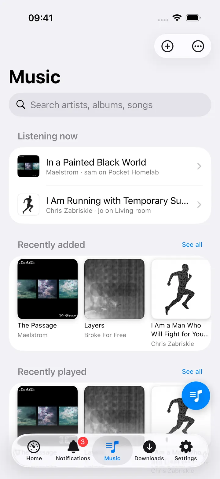 Music hub with recently added albums and library rows