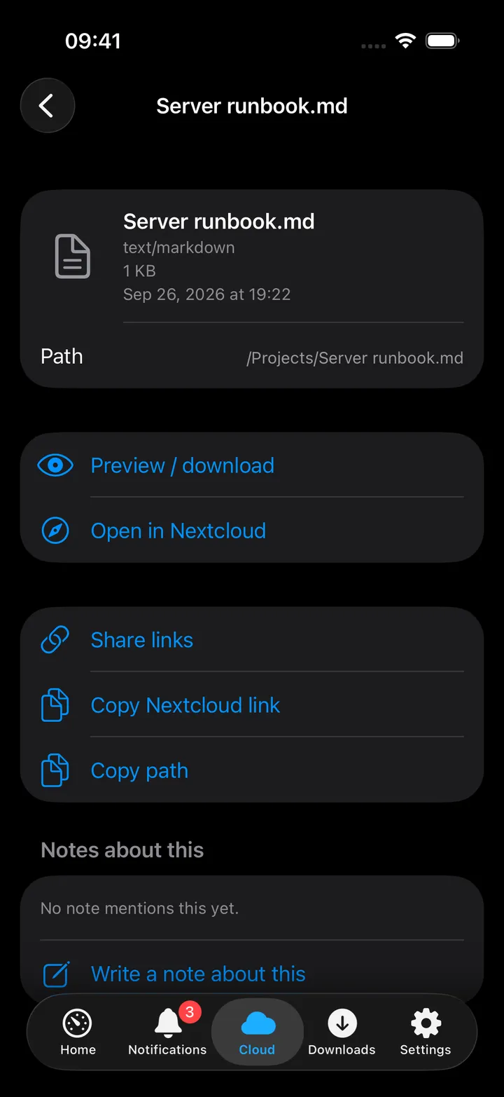 A file detail screen with preview, share links and OCR matches