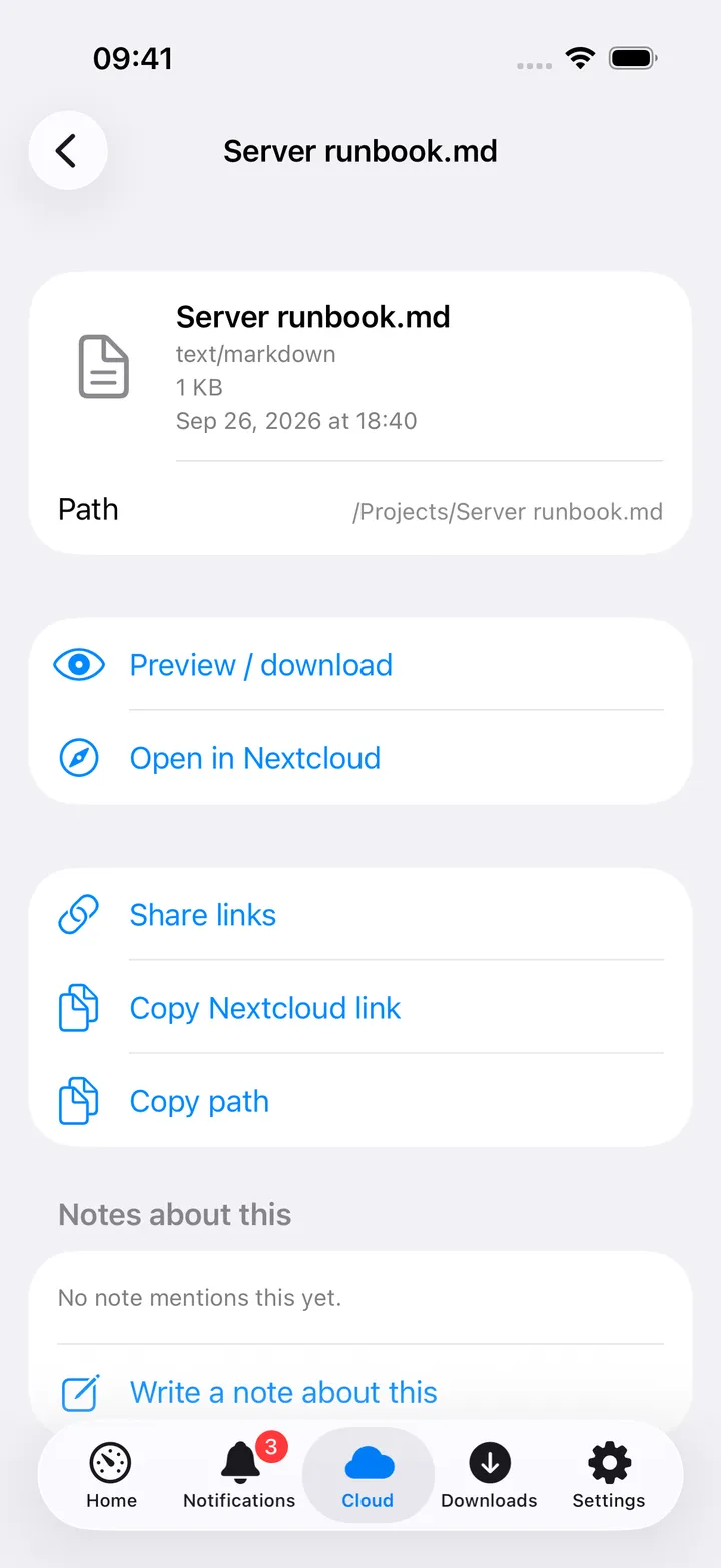 A file detail screen with preview, share links and OCR matches
