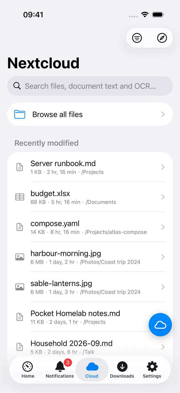 Nextcloud file search with recently modified files