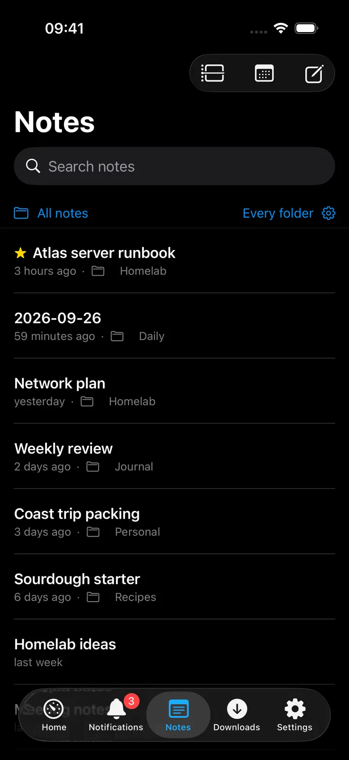 The Notes library listing notes with their folders and ages