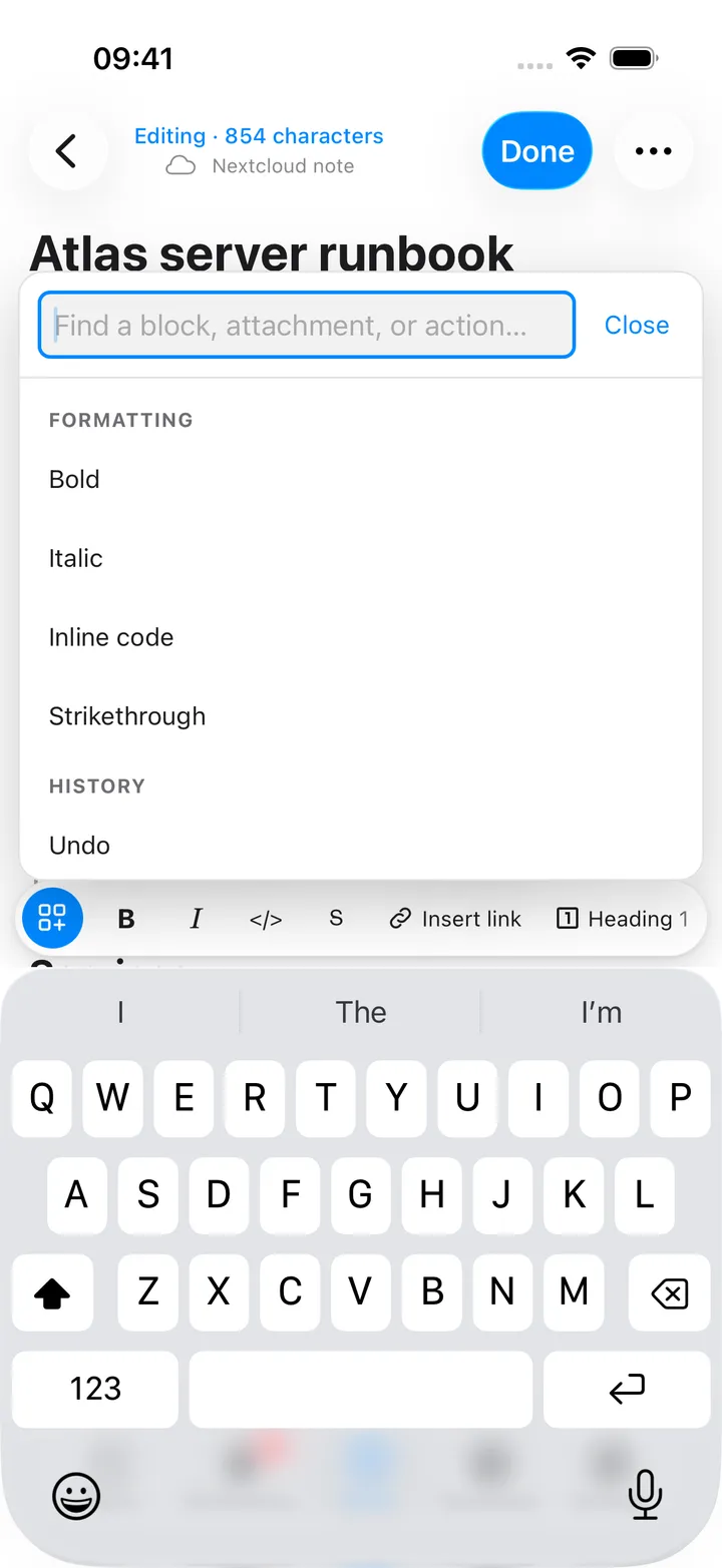 The insert menu with a search field and grouped blocks