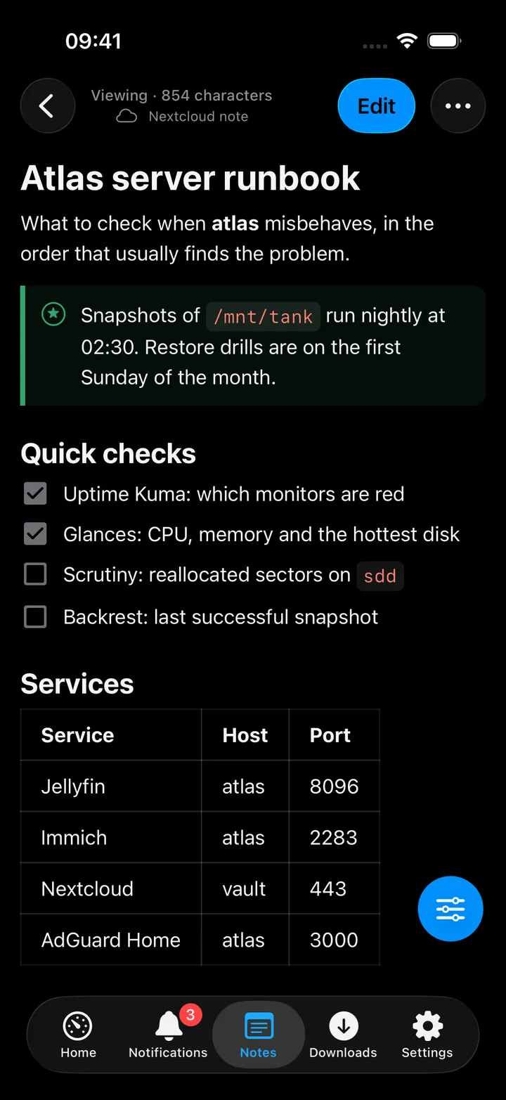 A Nextcloud note open for reading, with a callout, a task list and a table