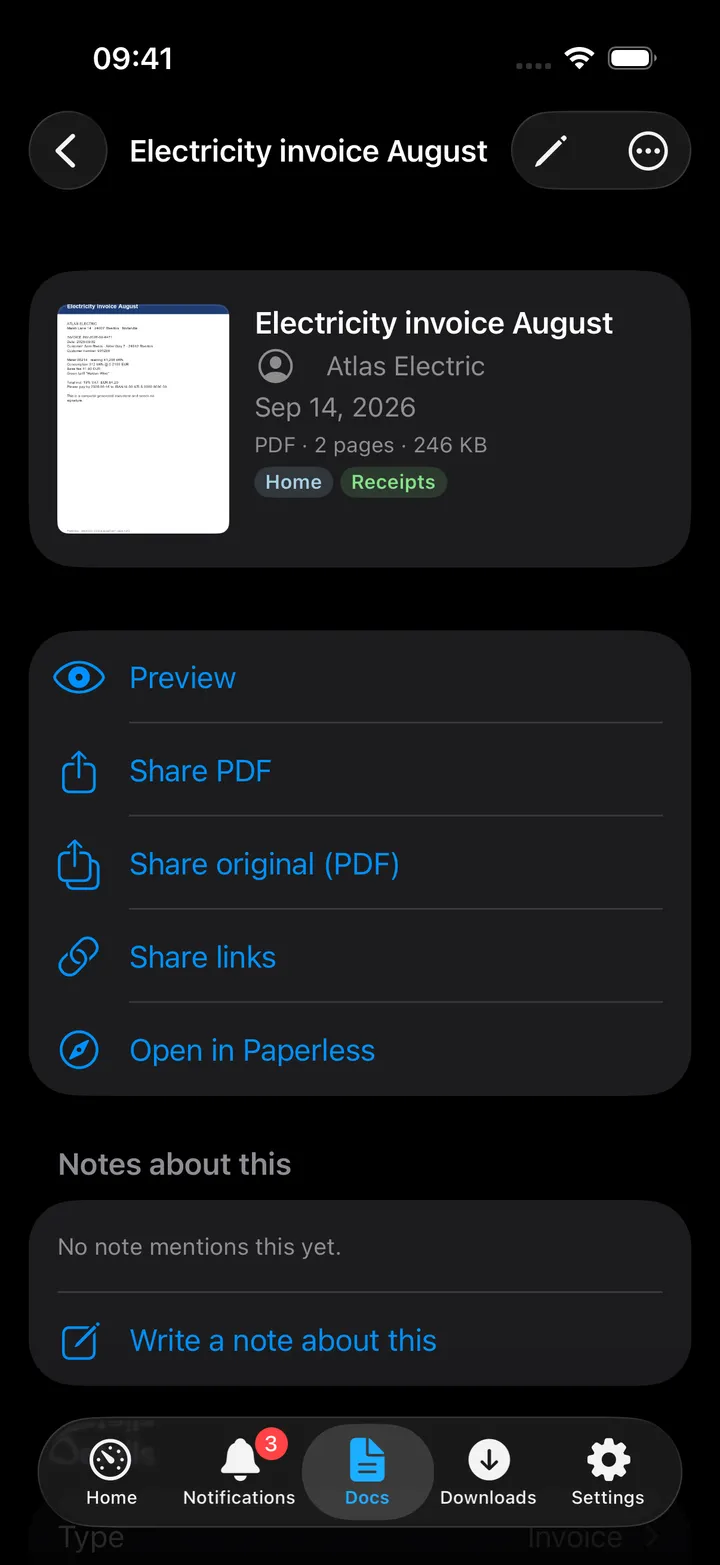 A document detail screen with preview, details and notes