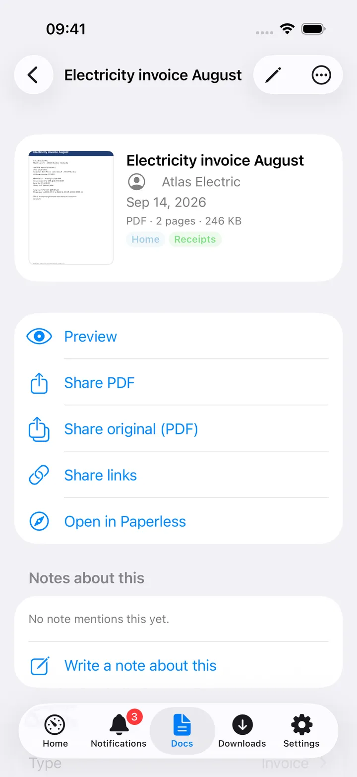 A document detail screen with preview, details and notes