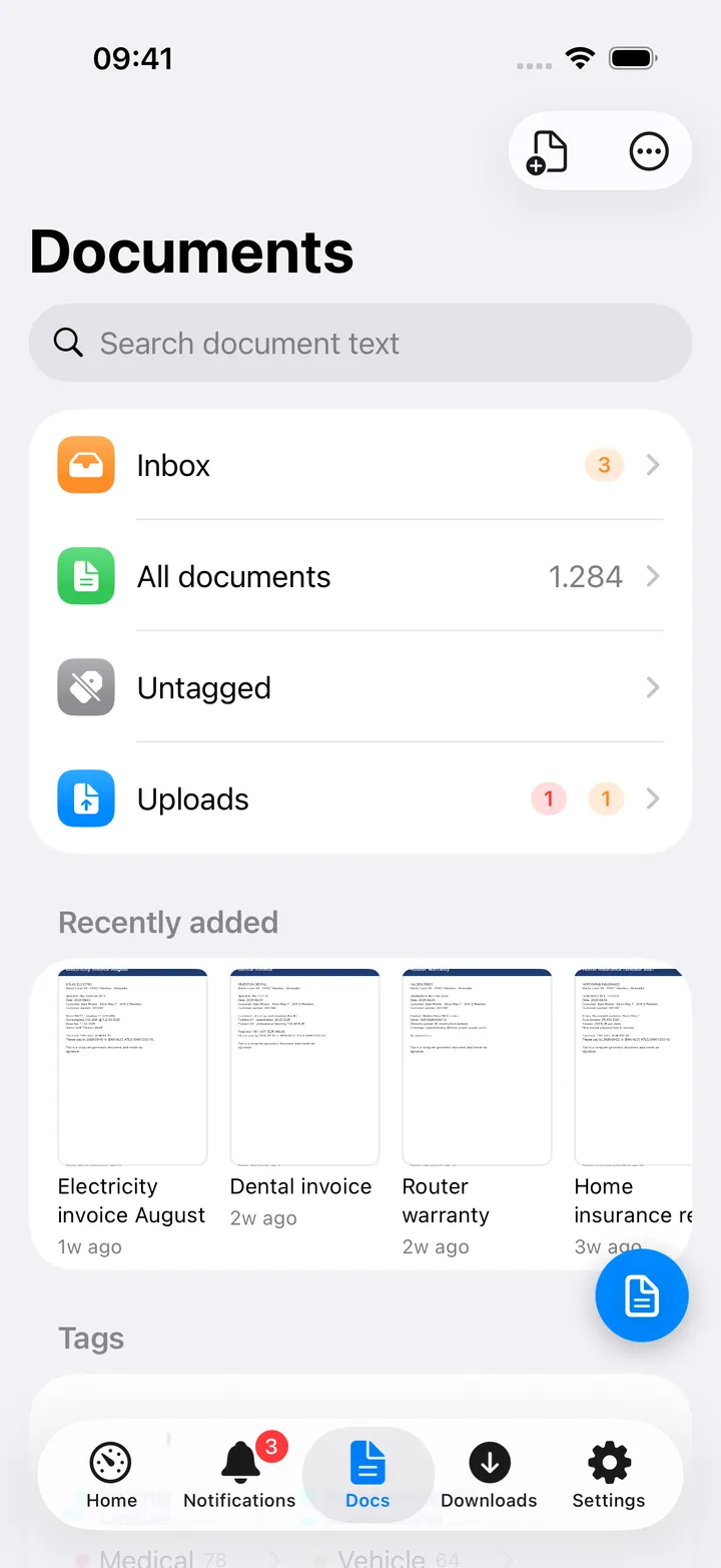 Documents hub with Inbox, All documents and tag chips