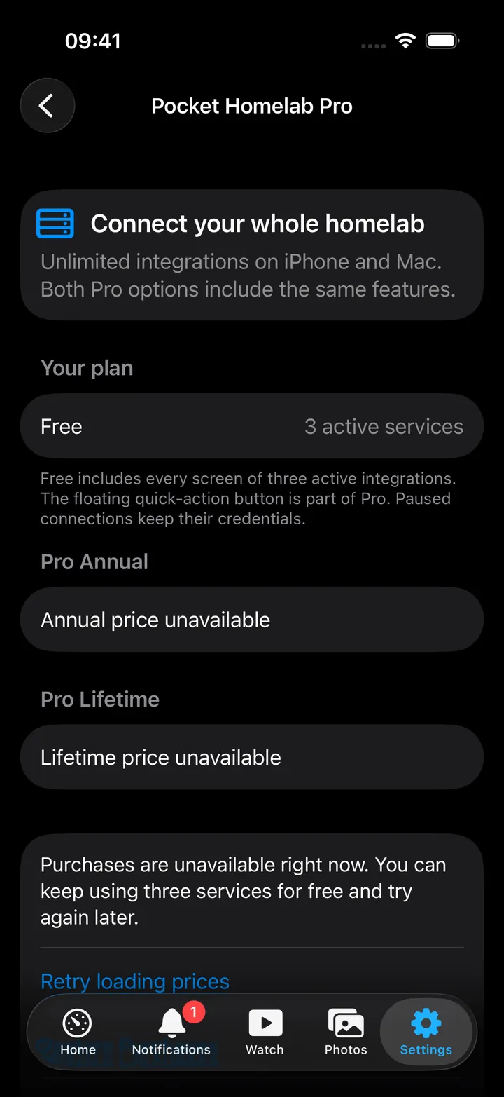 Pro screen showing plan status and the two Pro options