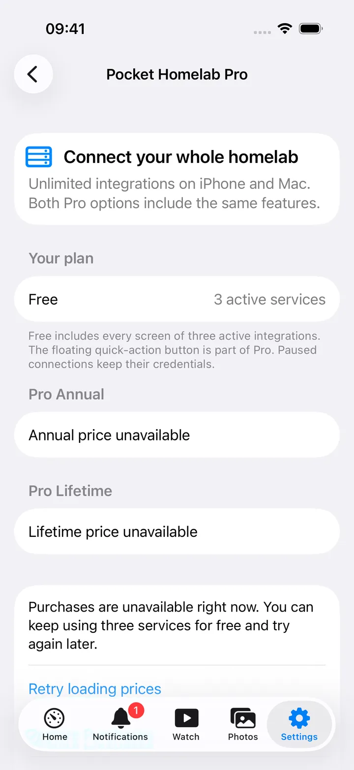 Pro screen showing plan status and the two Pro options