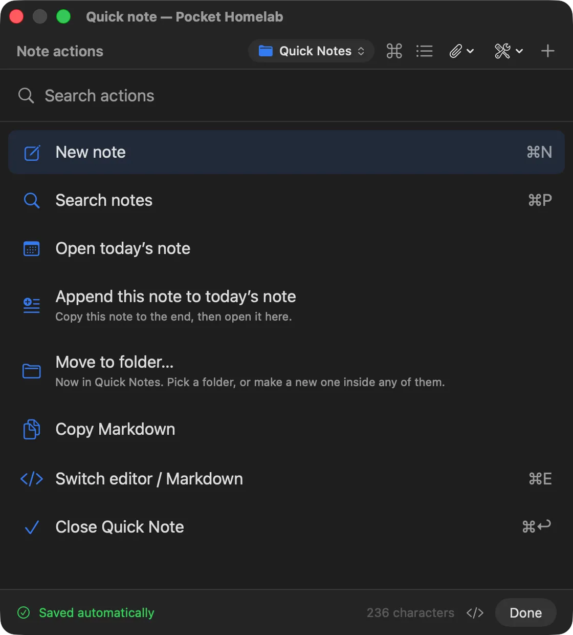 The note actions list with shortcuts