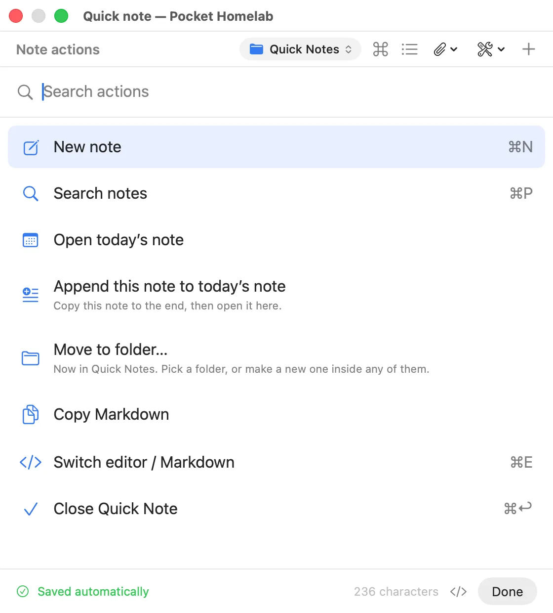 The note actions list with shortcuts