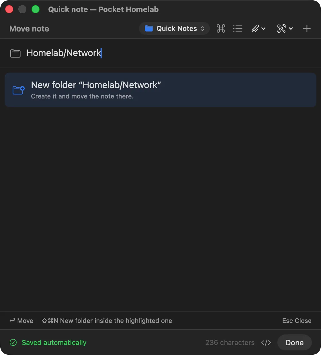 The move chooser offering a new folder called Homelab/Network