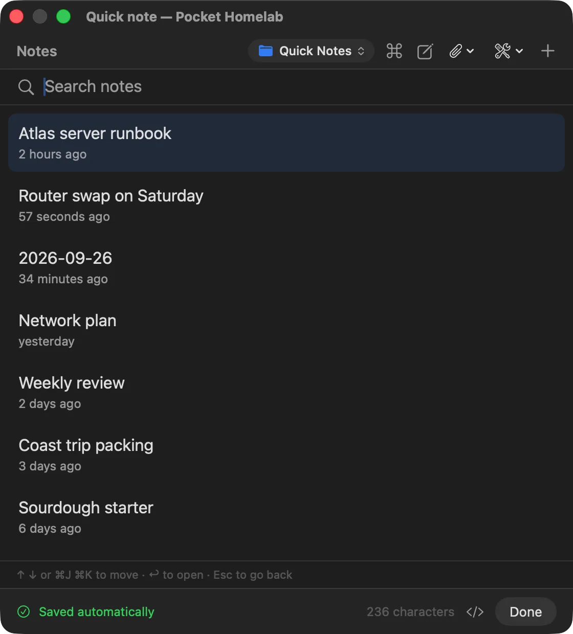The note search listing notes with their ages