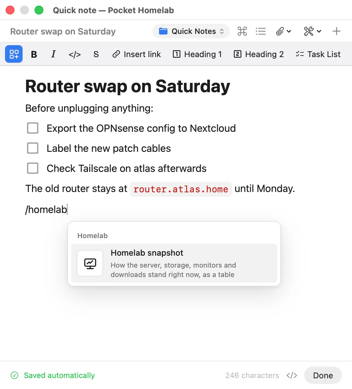 The slash menu filtered to Homelab snapshot