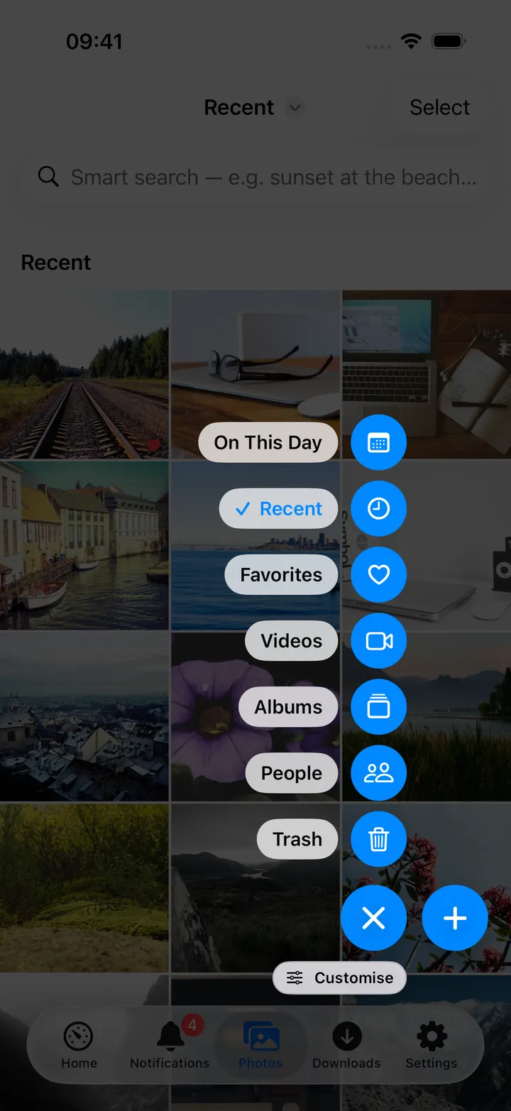 The Photos screen action button with its menu of views open and Recent ticked