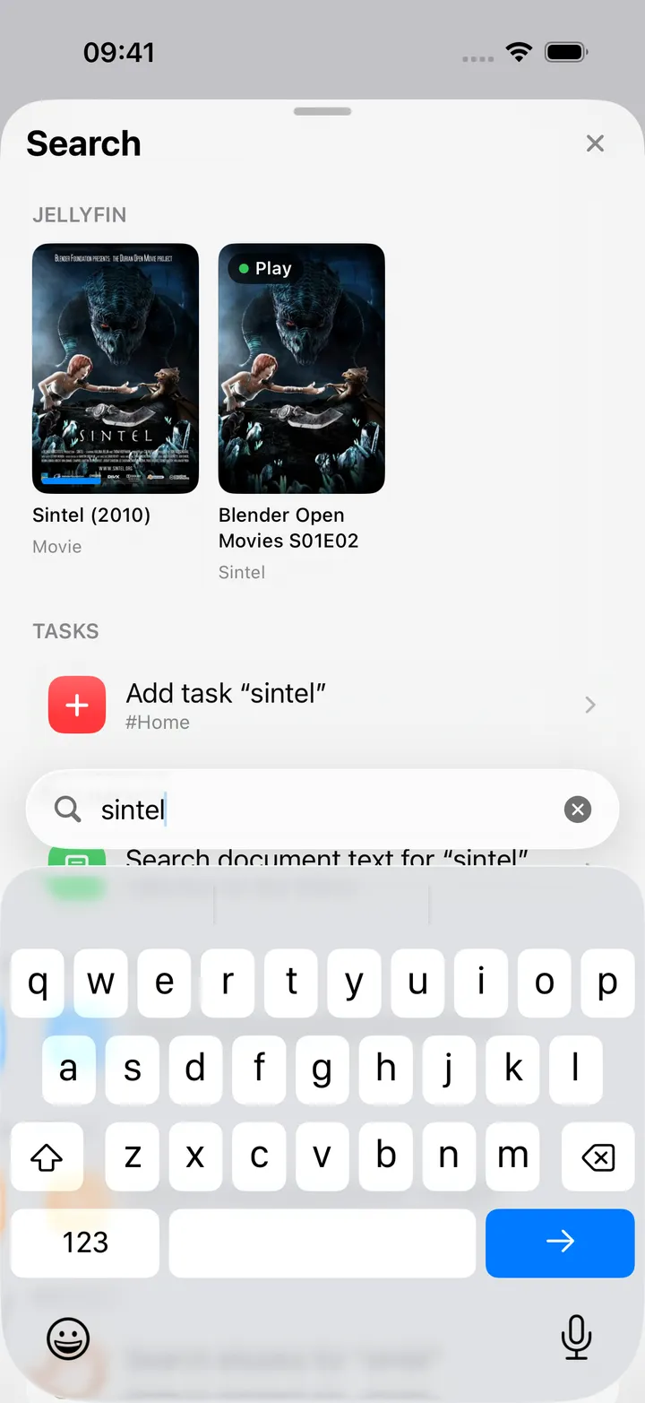 Search sheet with Jellyfin results for sintel, then Add task and document search