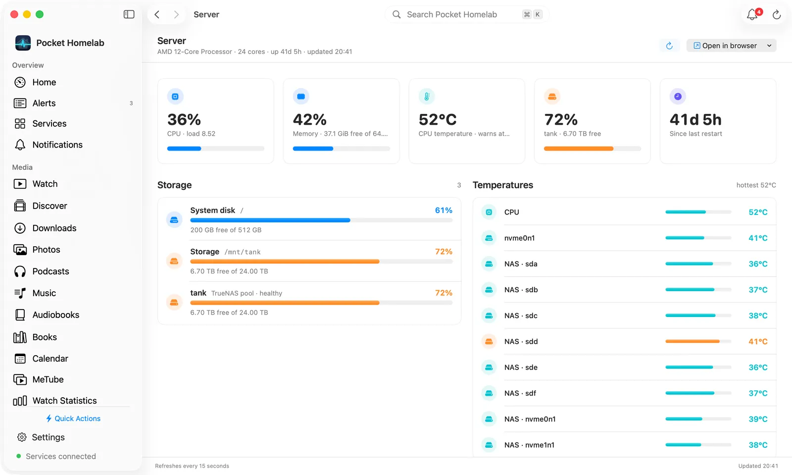 Server page: tiles, storage and temperature cards, and the top processes.