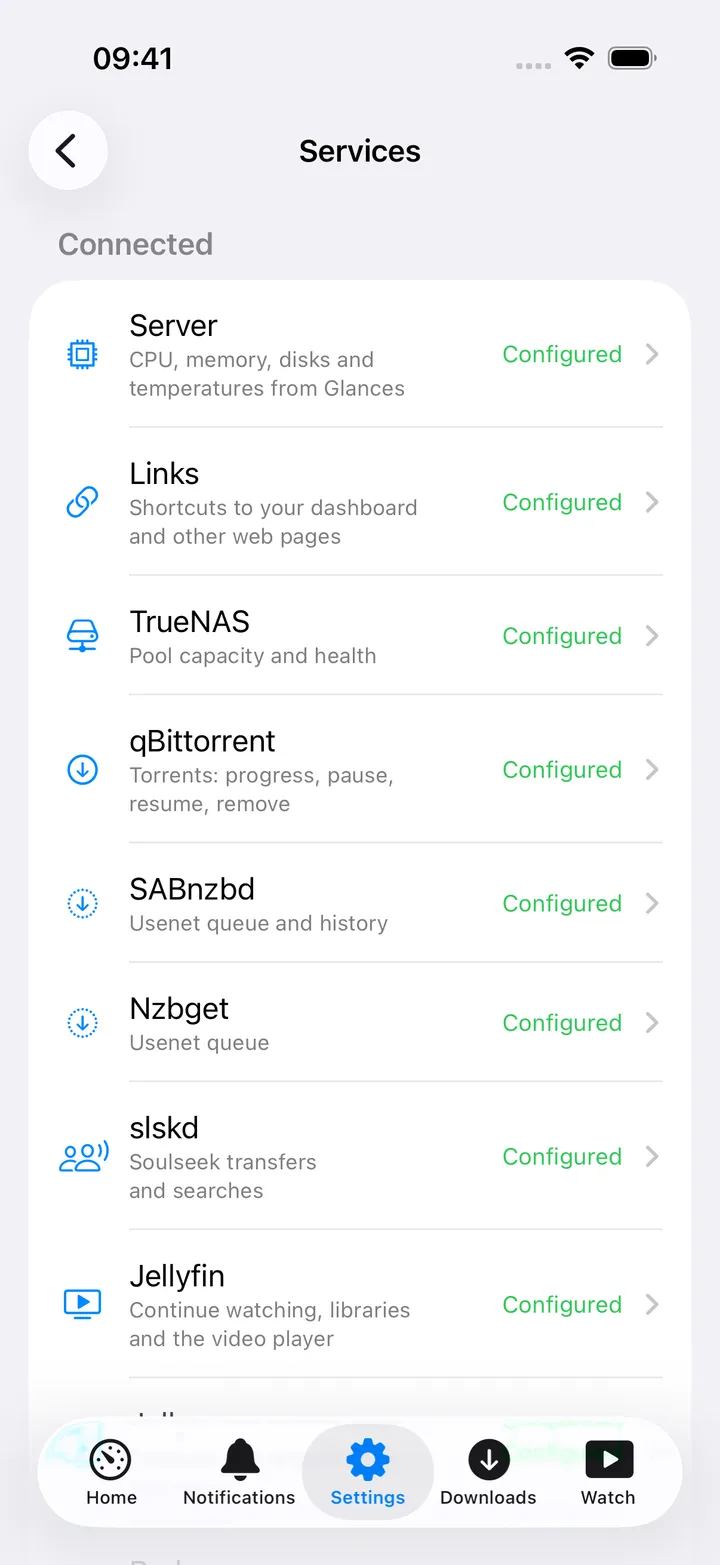 Settings → Services list with each service's status