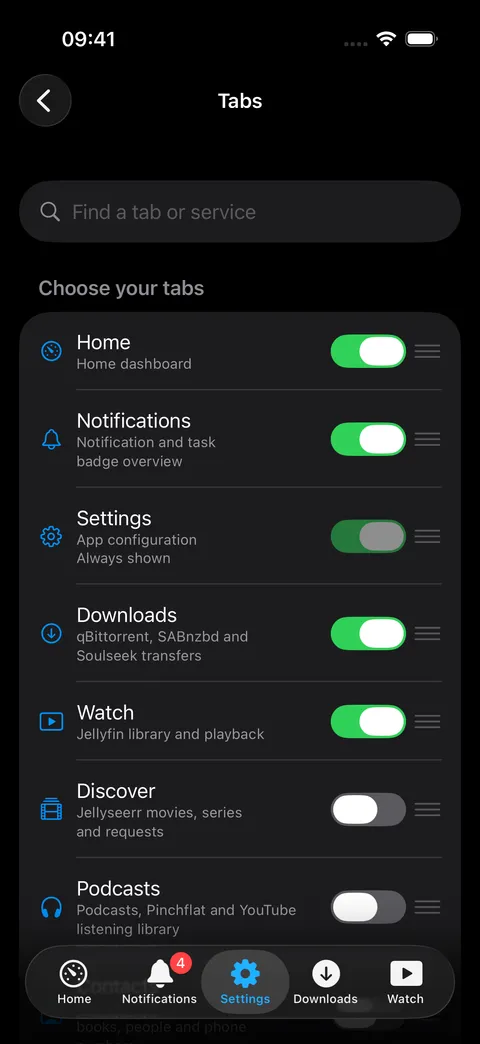 Tabs settings with drag handles and toggles