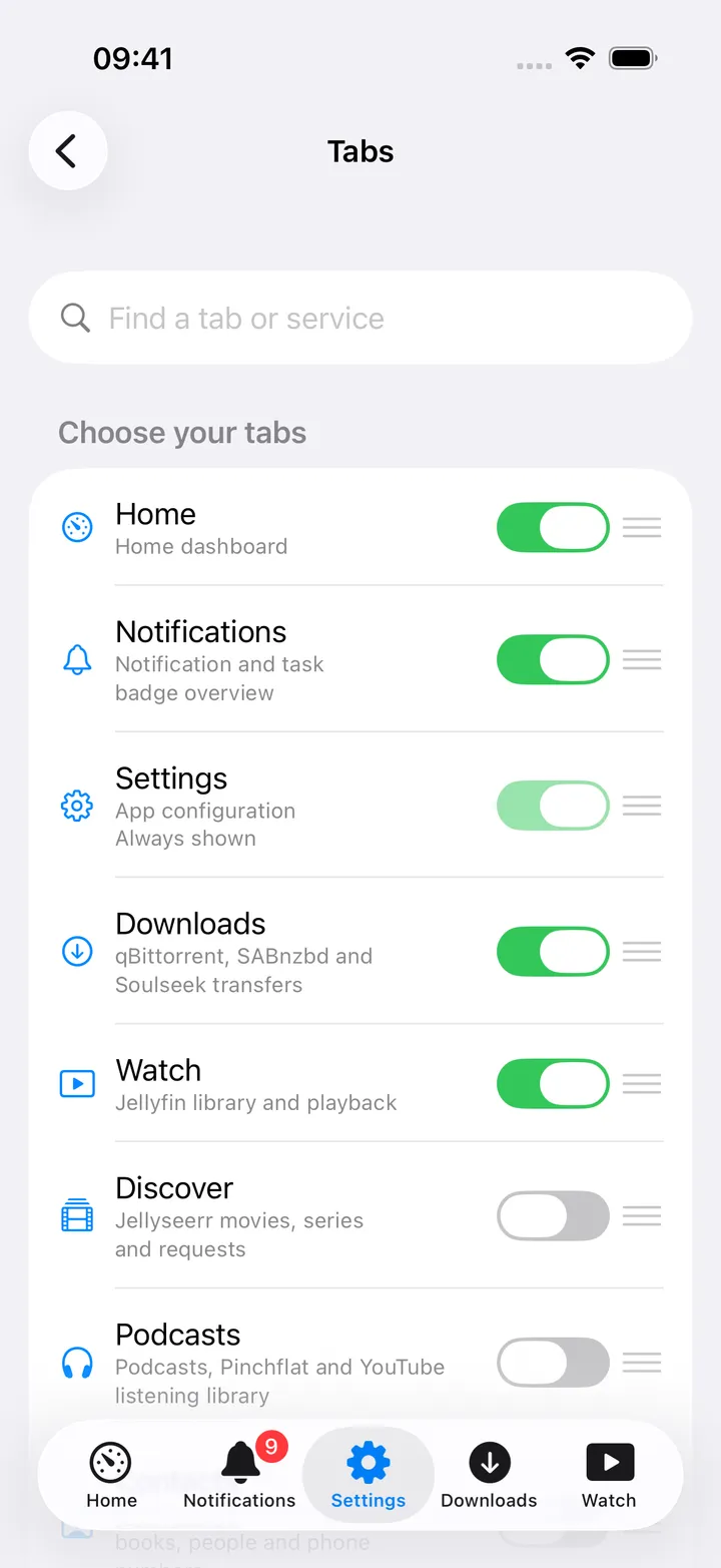 Tabs settings screen with drag handles and toggles