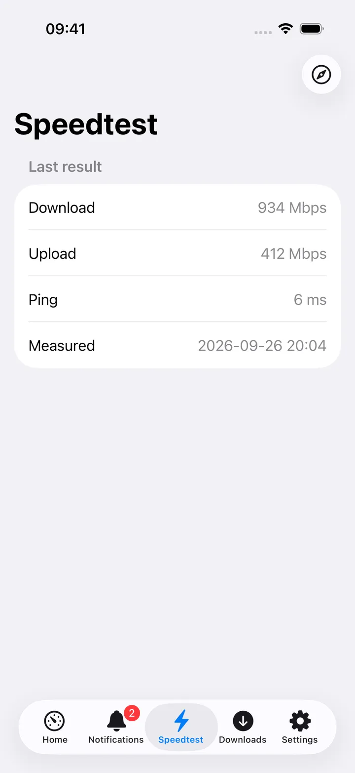Speedtest screen showing the last result.