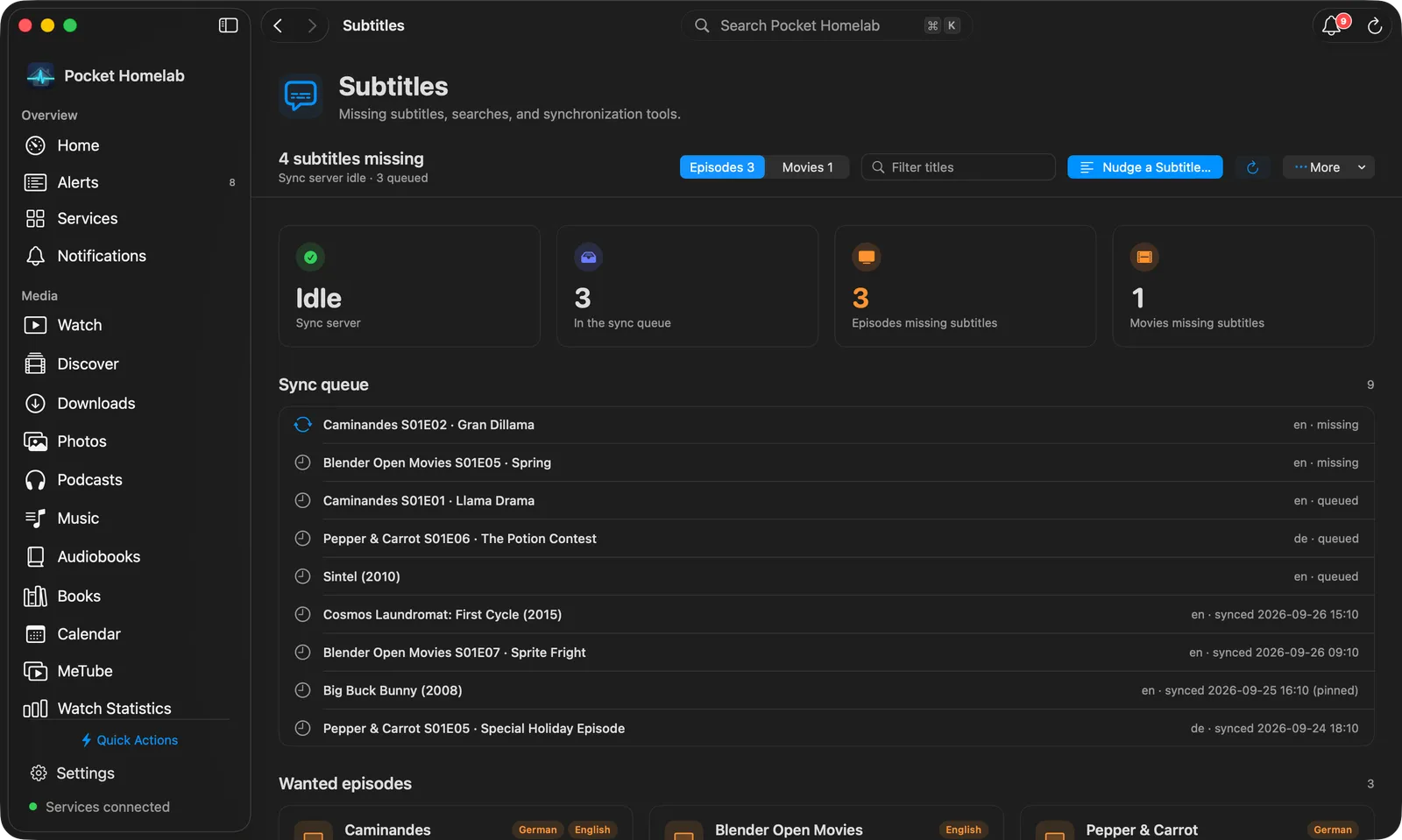 Mac Subtitles page with sync tiles and the sync queue