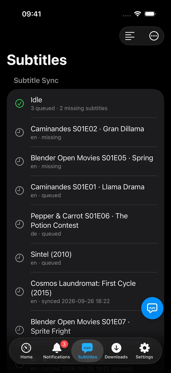 Subtitles screen showing sync idle status and a nudge button