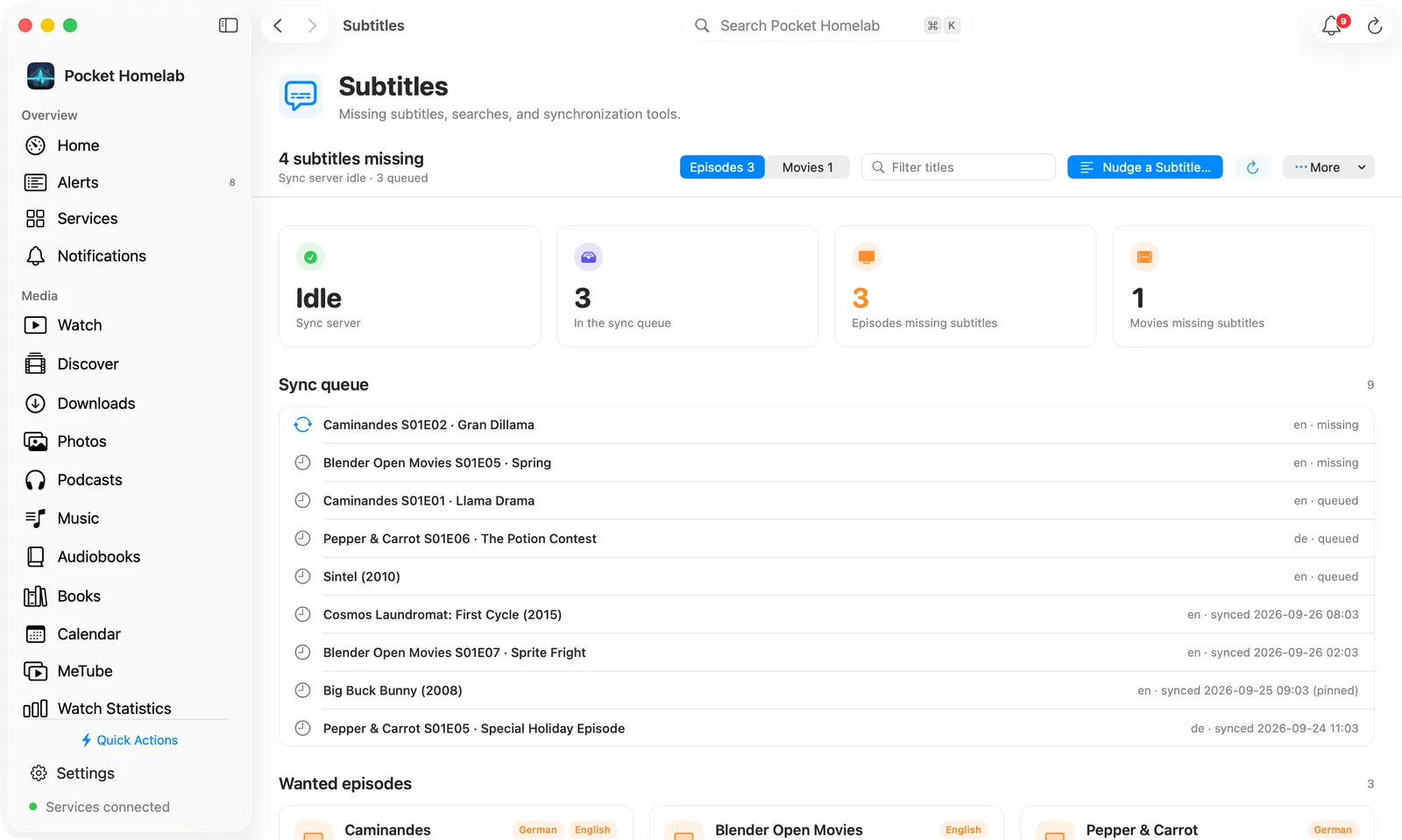 Mac Subtitles page with sync tiles and the sync queue