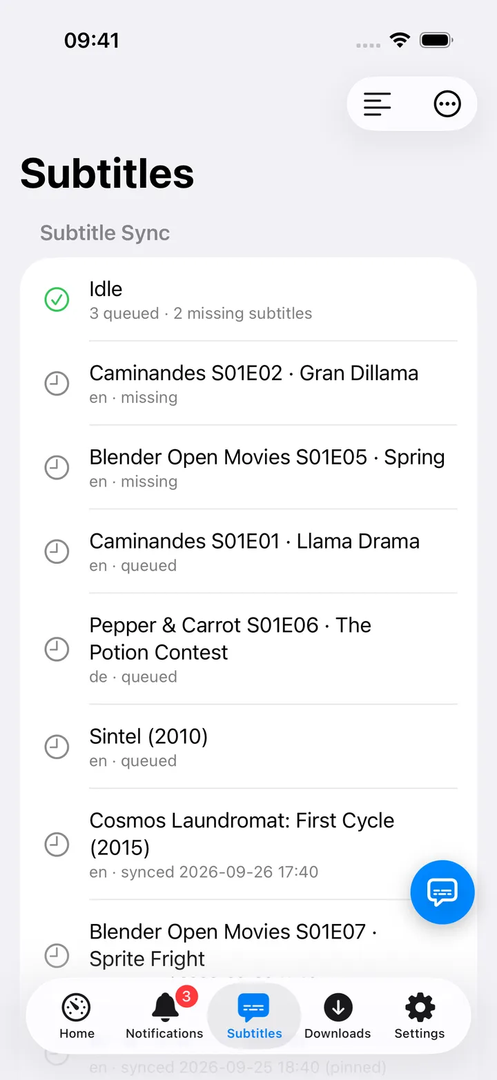 Subtitles screen showing sync idle status and a nudge button