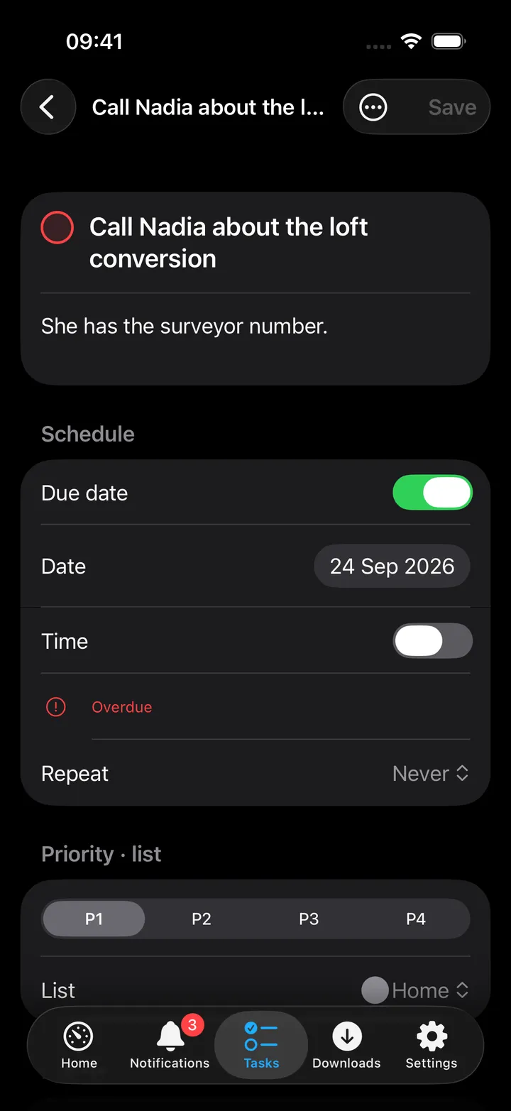 Task detail with schedule, priority, labels and subtasks