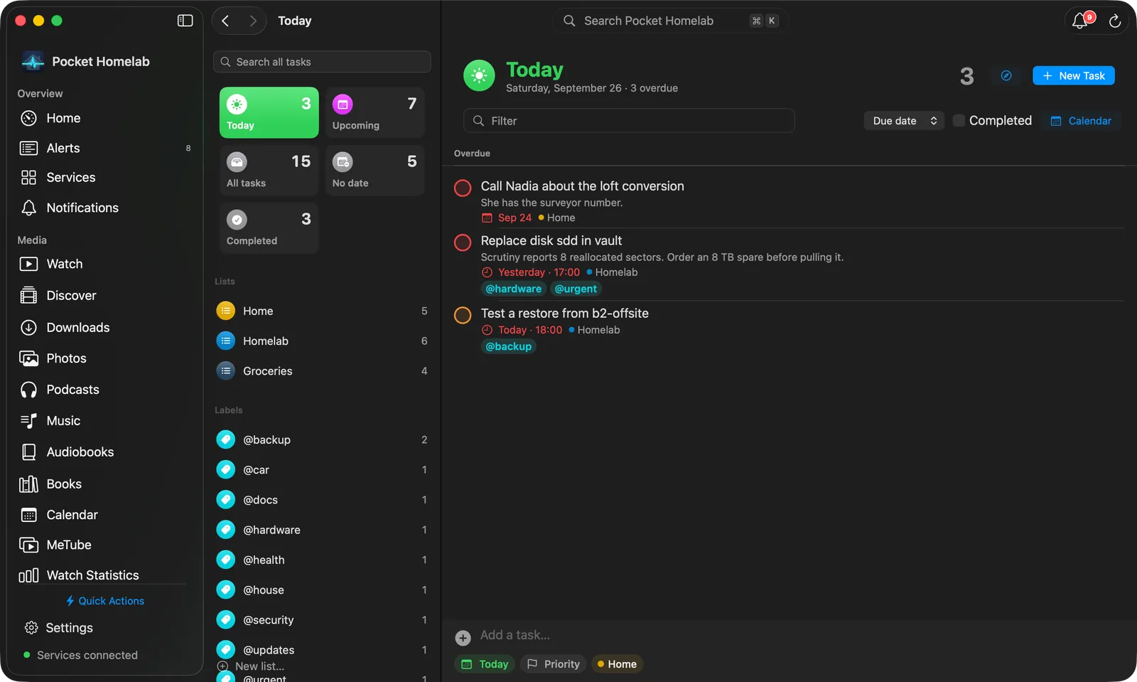 Tasks workspace with the list sidebar beside the task view