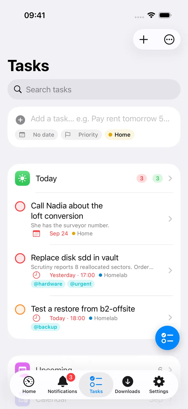 Tasks hub with Today section, Views and coloured Lists
