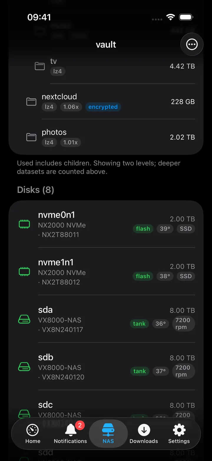 Datasets with compression and encryption tags, then Disks with pool, temperature and type.