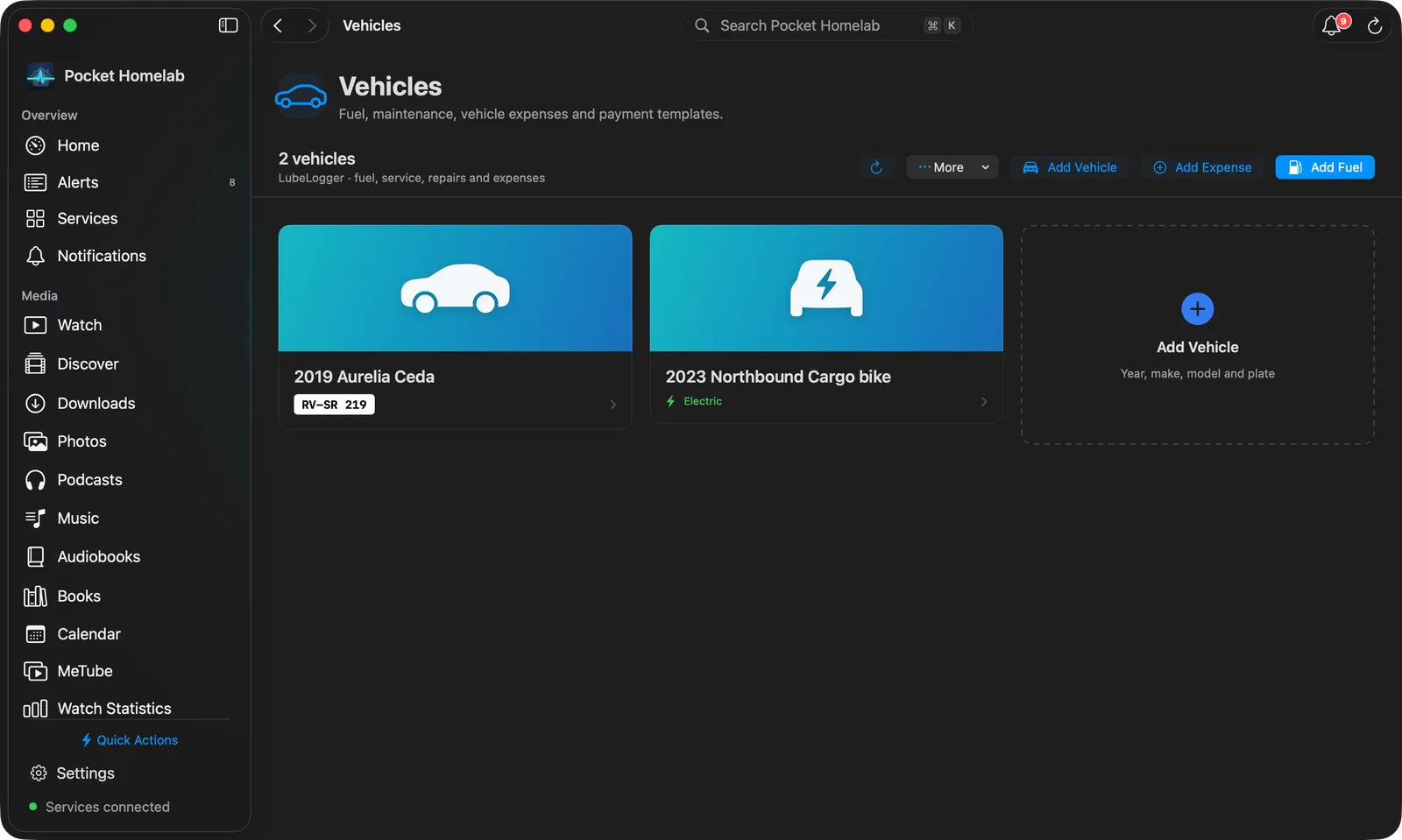 Mac Vehicles page with a card per vehicle and an Add Vehicle card