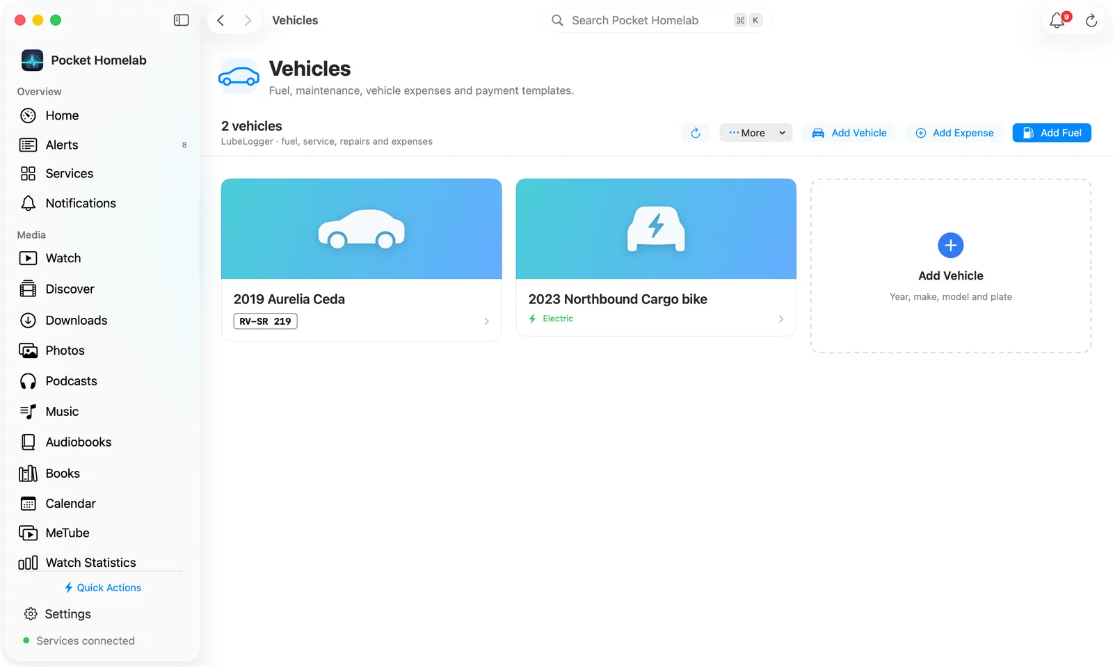 Mac Vehicles page with a card per vehicle and an Add Vehicle card