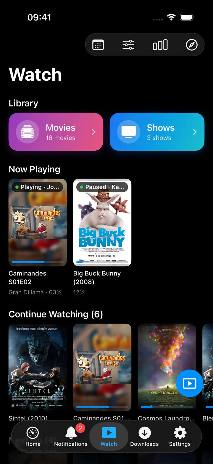 Jellyfin library with Continue watching and Up next shelves