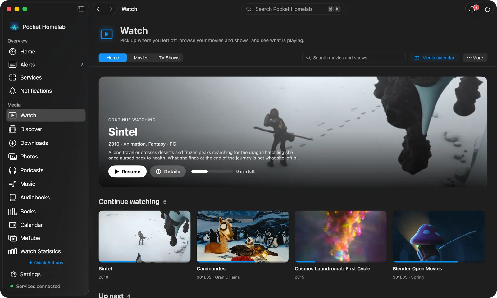 Mac Watch workspace with a Continue watching banner and shelves