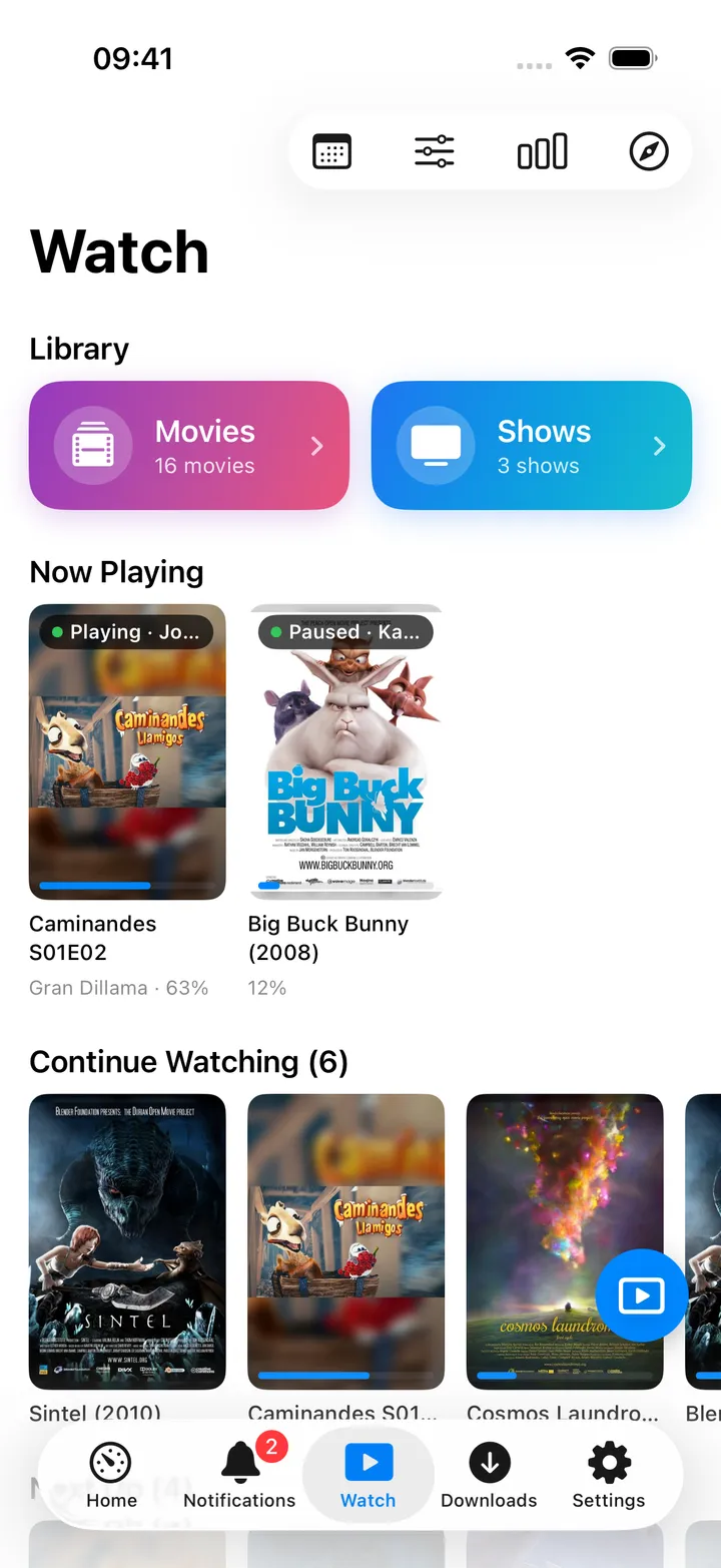 Jellyfin library with Continue watching and Up next shelves